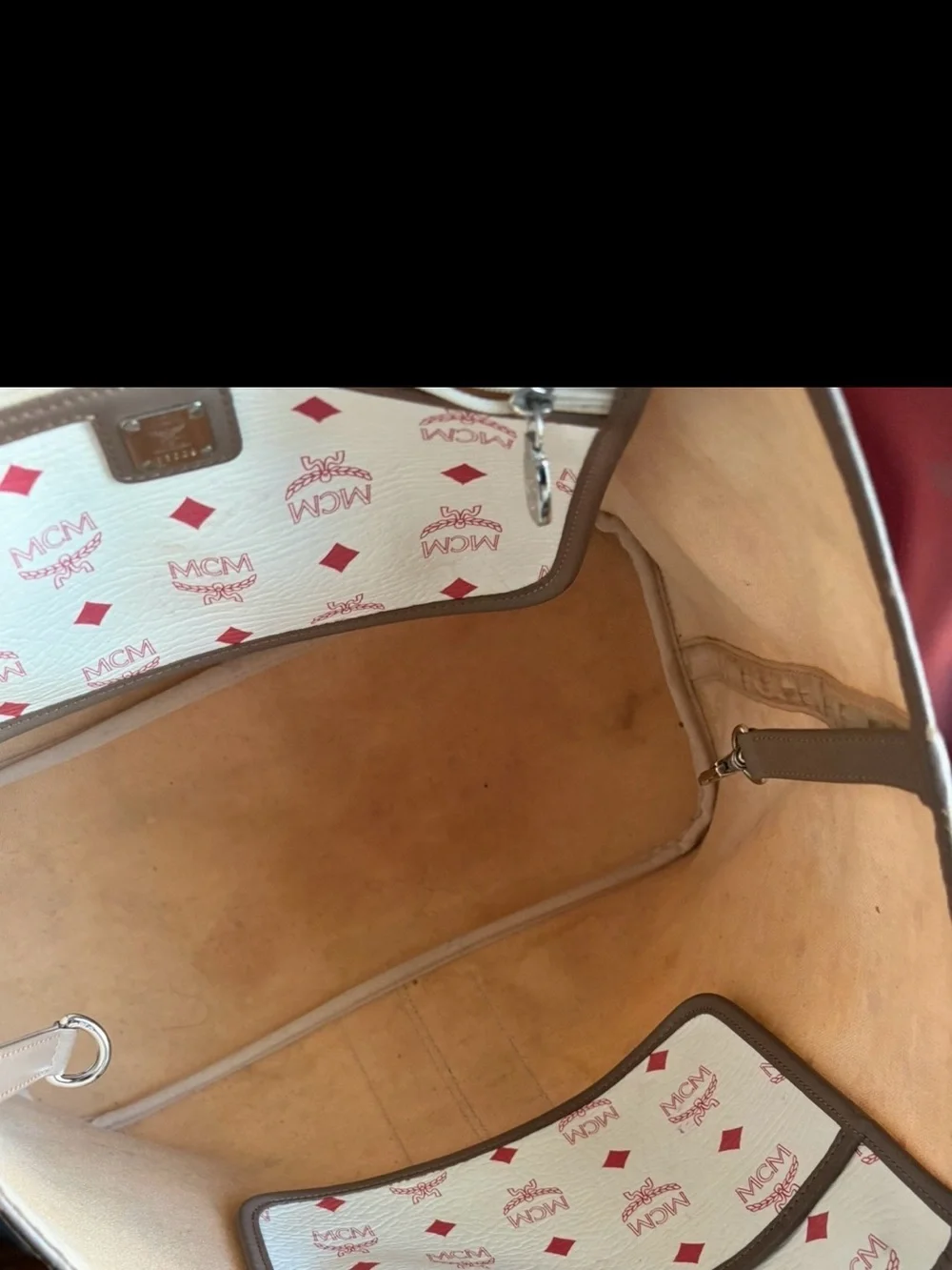 MCM White & Pink Logo Coated Canvas Tote with Brown Trim
